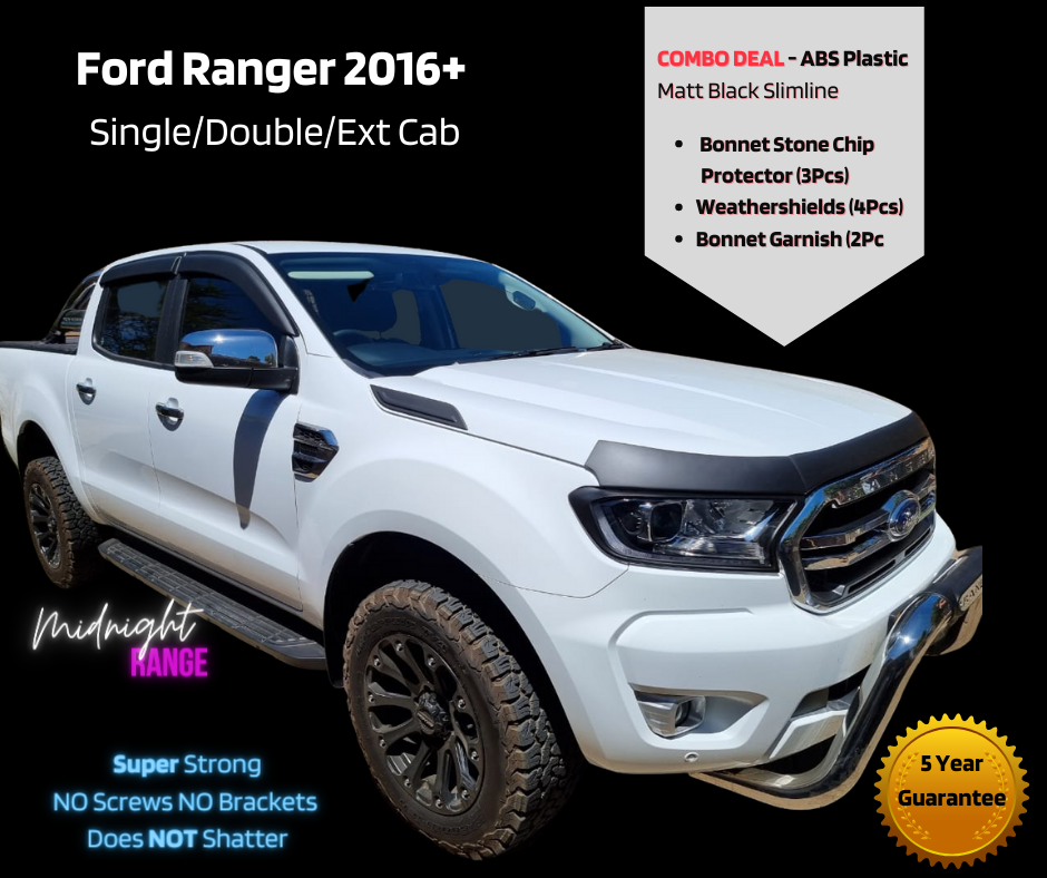 Ford Ranger 2016+ COMBO DEAL ABS Matt Black Plastic Bonnet Protector, Bonnet Guard Weathershields & Bonnet Garnish NEW MIDNIGHT RANGE