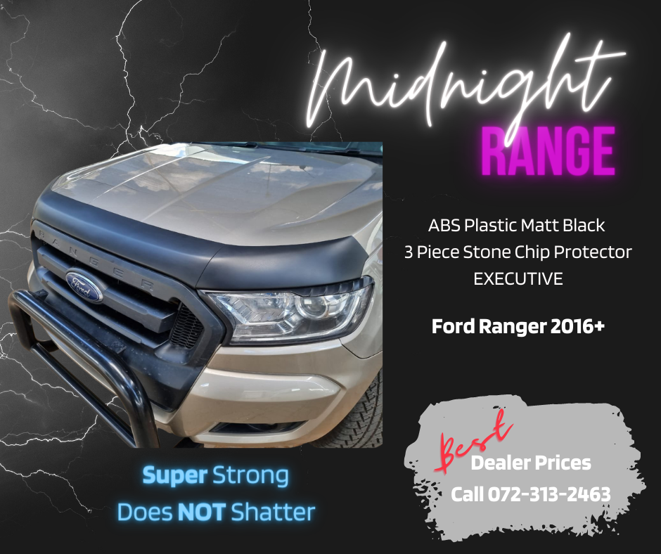 EXECUTIVE ABS Plastic Matt Black 3 Piece Stone Chip Bonnet Protector Bonnet Guard Ford Ranger 2016+